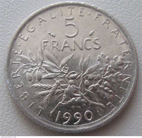 5 Francs 1990 Fifth Republic Francs 1986 2001 France Coin 933