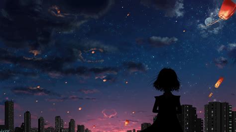 Anime Girl Overlooking A Cityscape With Flying Lanterns In The Sky