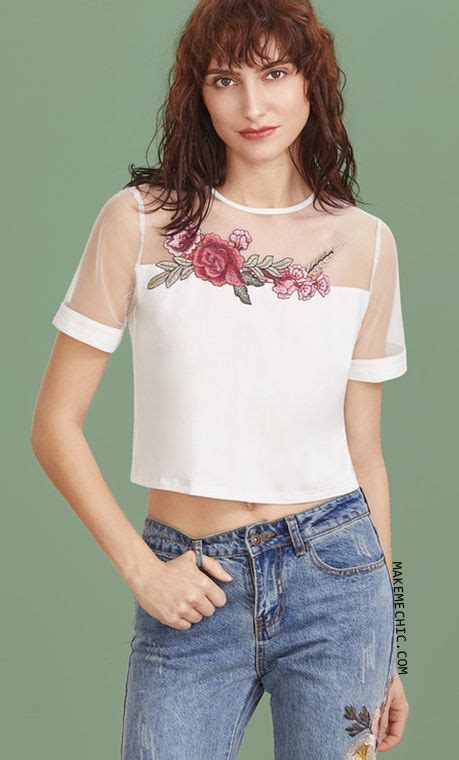 White Embroidered Flower Applique Mesh Shoulder Crop T Shirt Fashion