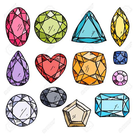 Set Of Colorful Jewels Hand Drawn Gemstones Sketch Style Illustration