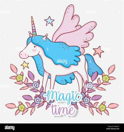 Cute Unicorn With Horn And Wings With Flowers And Leaves Stock Vector