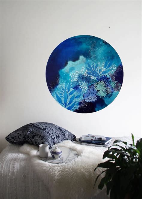 Navy Blue Turquoise And White Painting Inspired By Organic Forms And