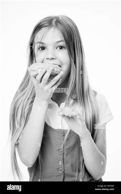 Small Girl Eating Dessert Happy Small Girl Enjoys Sweet Dessert Happy