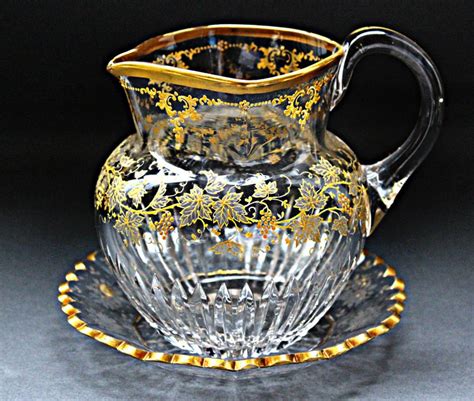 Antique Moser Handblown Quatrefoil Crystal With Raised Gold And Underplate Pitcher Or Large