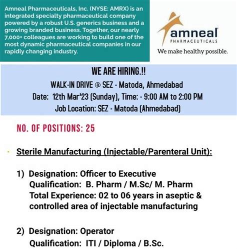 Amneal Pharmaceuticals Walk In Interview At Ahmedabad For Sterile