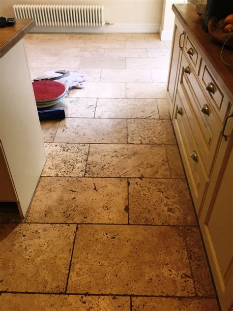 Pitted And Dirty Tumbled Travertine Kitchen Floor Renovated In