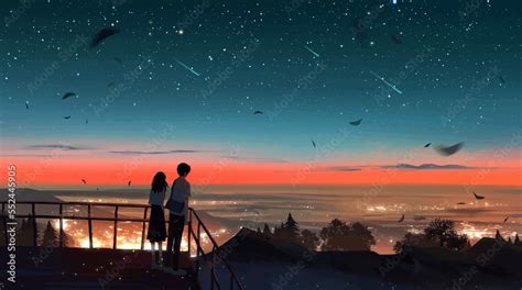 Couple Enjoying Night Sky Together Anime Digital Art Illustration Paint