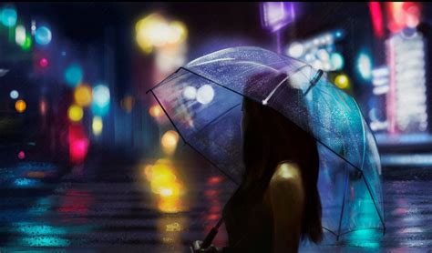 Umbrella Girl Rain Light Street Beautiful Wallpaper