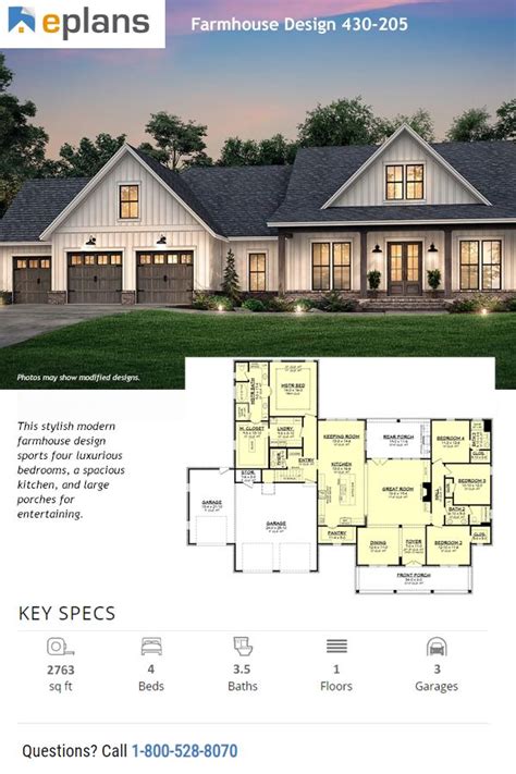 Farmhouse Style House Plan 4 Beds 35 Baths 2763 Sqft Plan 430 205