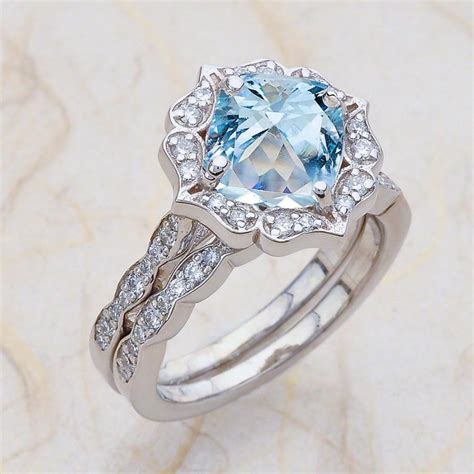 Vintage Floral Scalloped Bridal Set Aquamarine Engagement Ring And