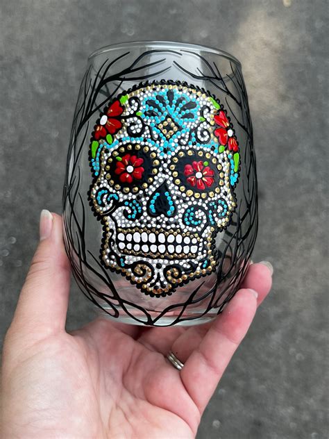 Hand Painted Sugar Skull Stemless Wine Glass Etsy
