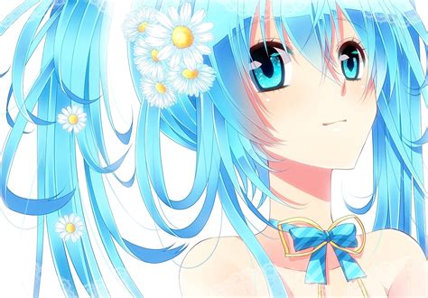 Vocaloid White Flowers Hatsune Miku Blue Eyes Blue Hair