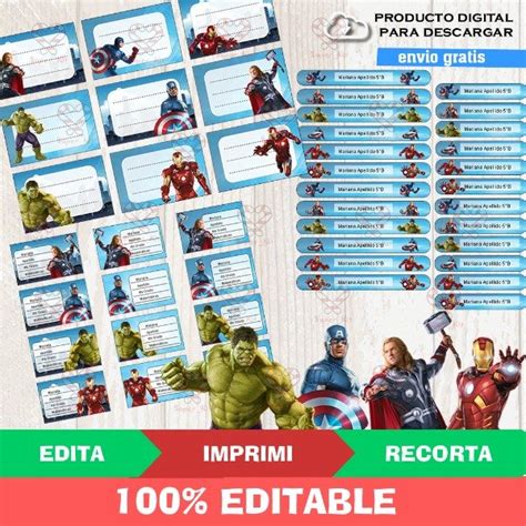 Vengadores Avengers Etiquetas Escolares Editables Super Kit Imprimible