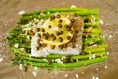 Baked Cod And Asparagus With Garlic Lemon Caper Sauce