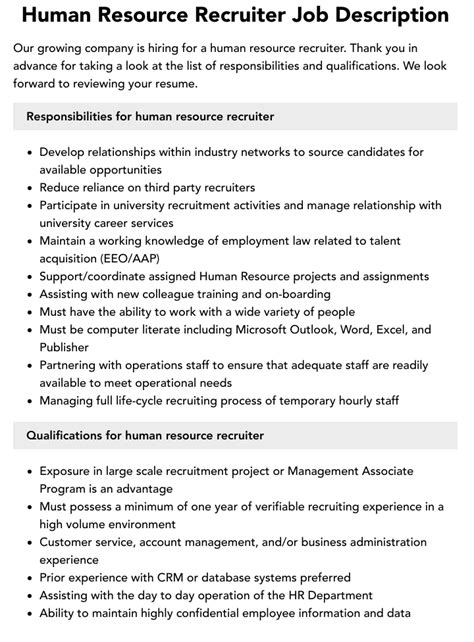 Human Resource Recruiter Job Description Velvet Jobs