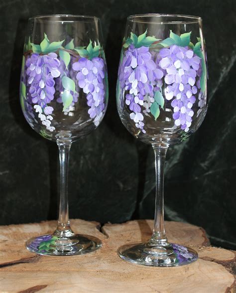 Hand Painted Wine Glasses Wisteria Lavender Set Of 2 By Silkeleganceflorals On Etsy Wine
