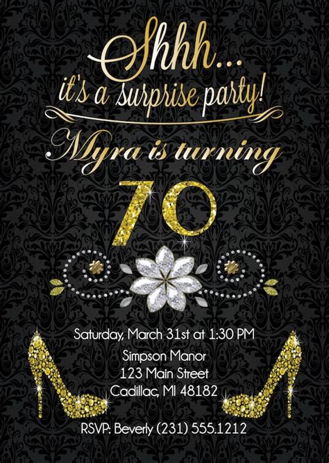 70th Birthday Invitation Gold Glitter Birthday Party Invite