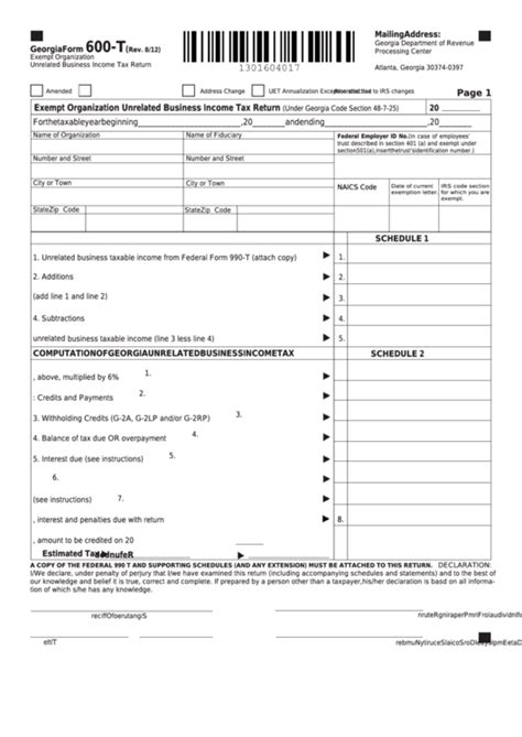 Fillable Georgia Form 600 T Exempt Organization Unrelated Business