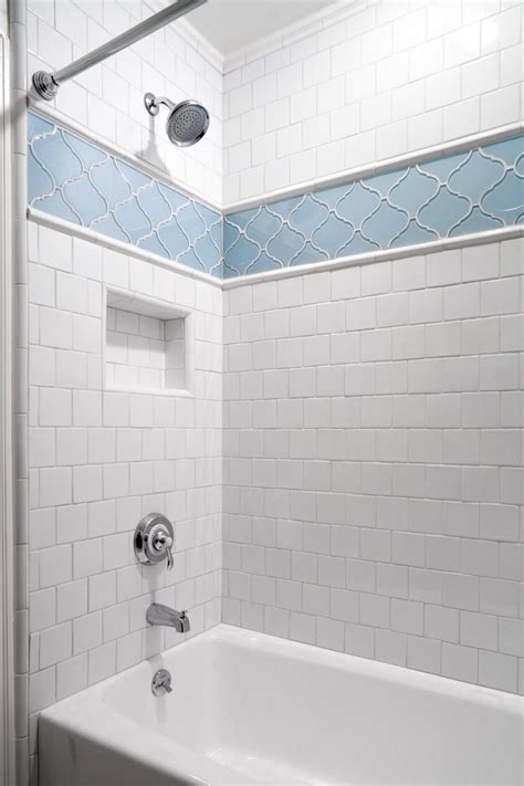 White Traditional Shower With Blue Tile Accent Bathrooms Remodel