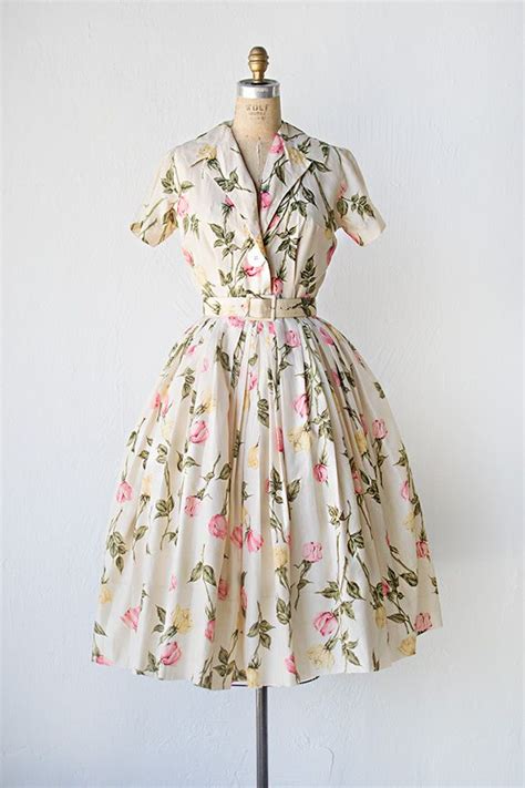 Vintage 1950s Cream Silk Rose Print Shirt Dress Vintage Dresses