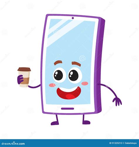 Funny Cartoon Mobile Phone Smartphone Character Holding Paper Coffee