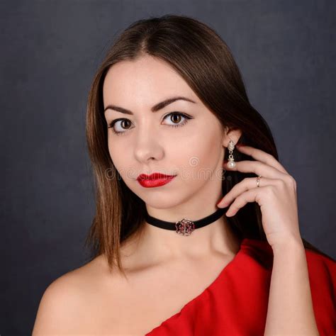 Beautiful Girl With Red Lips In Dress Stock Photo Image Of Beautiful