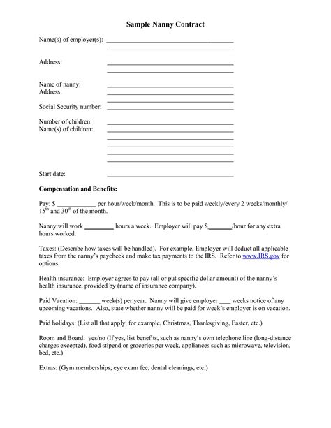 Fill In Blank Printable Nanny Contract Template Printable Templates