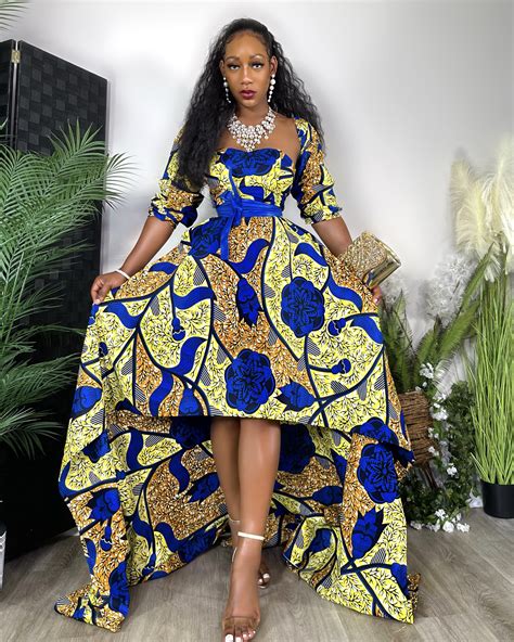 queen orode high low dress in blue and yellow african ankara dashiki kente multicolored fabric