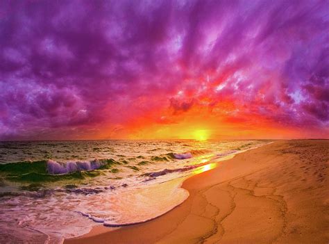 Colorful Dark Red Purple Beach Sunset Ocean Waves