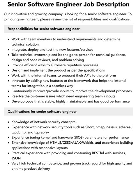 Senior Software Engineer Job Description Velvet Jobs