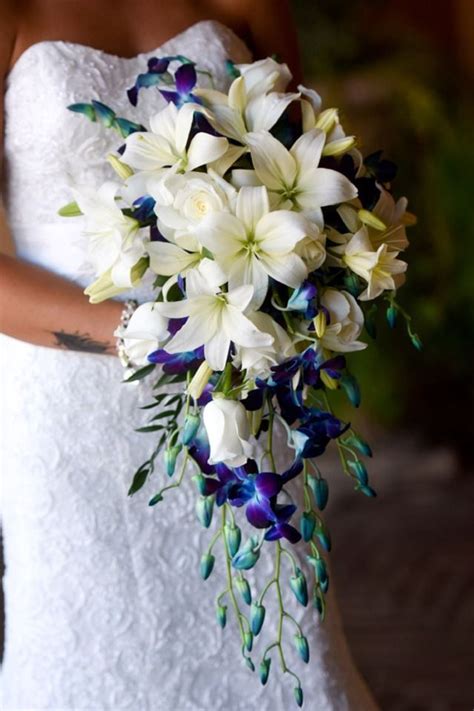 Faux wedding bouquets in navy blue flowers and eucalyptus greenery. Image result for bridal bouquet | Cascading wedding ...