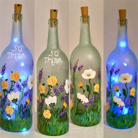 Floral Lighted Bottle Flower Painted Wine Bottle Etsy Bottle Crafts