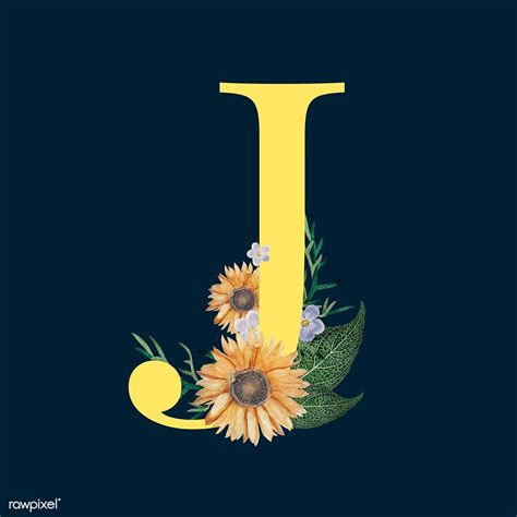 Yellow Alphabet J Decorated With Hand Drawn Various Flowers Vector