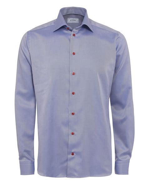 Eton Shirts Mens Shirt Red Button Diagonal Slim Fit Blue Shirt