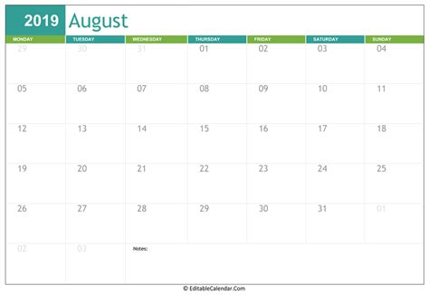 Editable Calendar August 2019