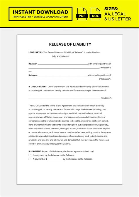 Release of Liability, Release of Liability Form General - Etsy