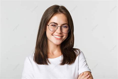 Happy Selfassured Brunette Girl Wearing Glasses In A Captivating Closeup Photo Background And