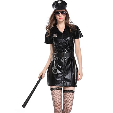 PCS Women Sexy Erotic Cop Police Costume Leather Mini Dress Handcuffs Hat Belt Halloween