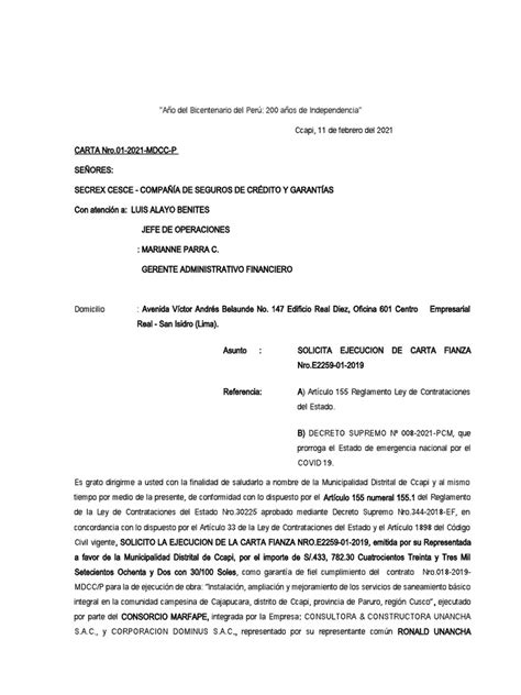 Carta Notarial Ejecucion De Carta Fianza De Garantia De Fiel
