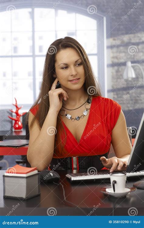 Pretty Secretary Working At Desk Stock Photo Image Of Brunette