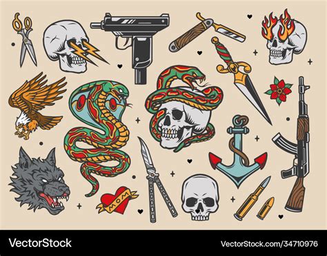 Tattoos Vintage Colorful Set Royalty Free Vector Image