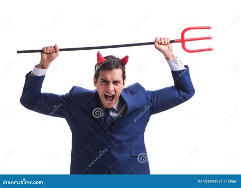 Evil Devil Businessman With Pitchfork Isolated On White Backgrou Stock