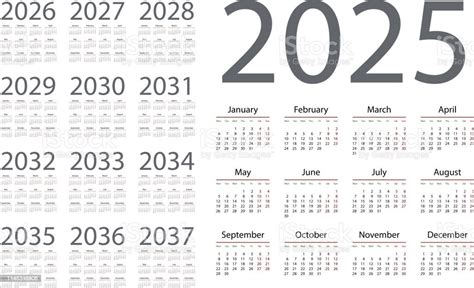 English Calendar For Years 20252037 Week Starts On Monday Stock