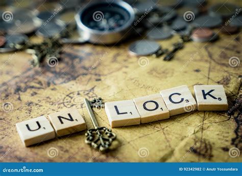 Key Unlock Concept for Treasure on Vintage Map Stock Photo - Image of