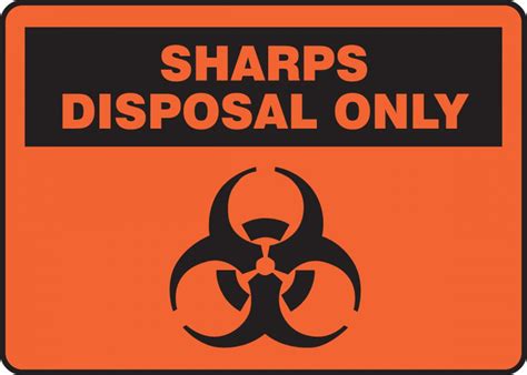 Sharps container sharps include, but are not limited to needles, lancets, syringes, broken glass, scalpels, culture slides, culture dishes, broken capillary. Sharps Disposal Only Safety Sign MBHZ518