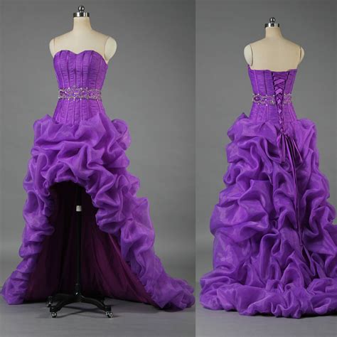 wholesale front short long back high low organza ruched purple prom dress wedding evening party