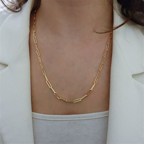 Paperclip Chain Gold Necklace Long Link Chain 14k Gold Flashy