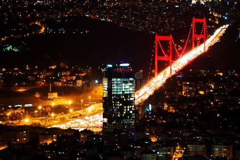 City Light And Night View Above Istanbul Turkey Bosphorus Bridge
