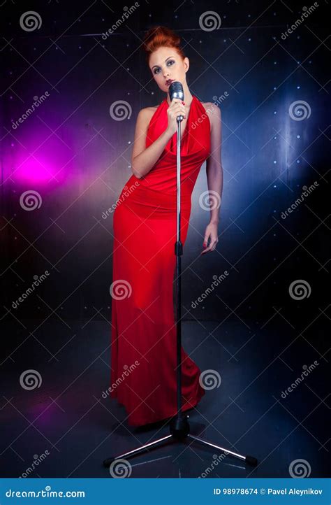 Female Singer Red Dress Vintage Microphone Stock Photo Image Of