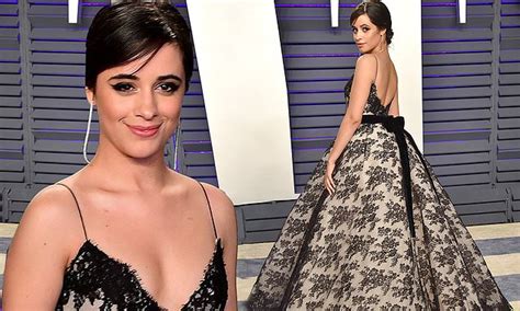 camila cabello is a vision in romantic black and white lace ball gown at vanity fair oscar party
